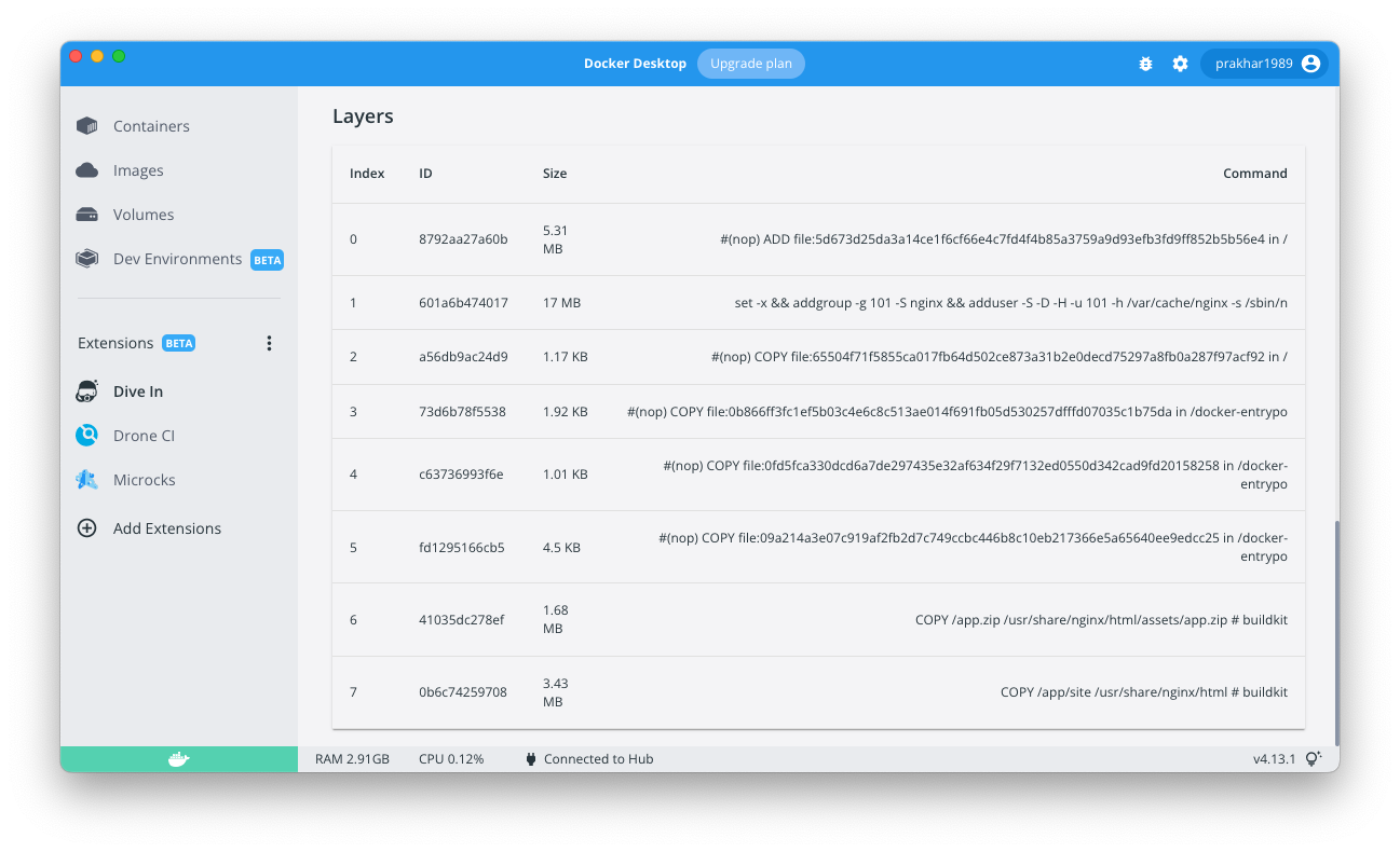 View image layers with the dive-in docker extension.