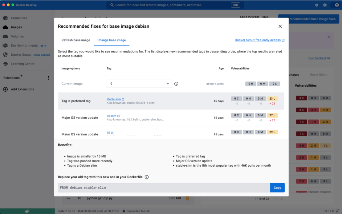 In images view, recommended fixes for base image debian: tag is preferred tag (stable-slim) and major os version update (10-slim).