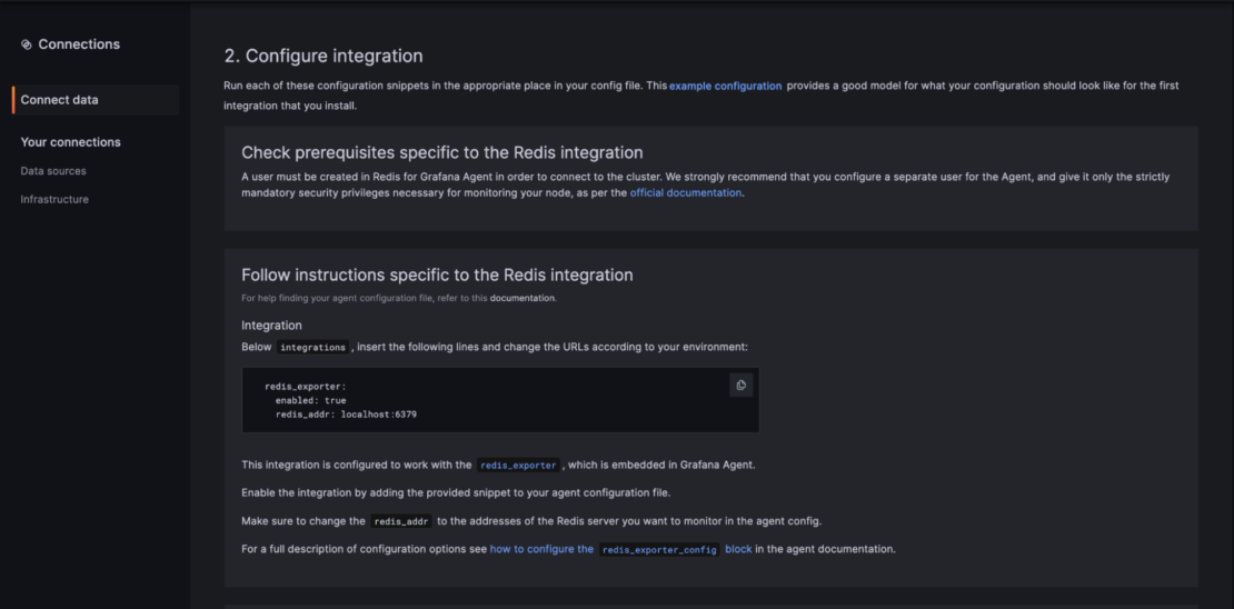 Screenshot of connections console showing configuration of redis integration.