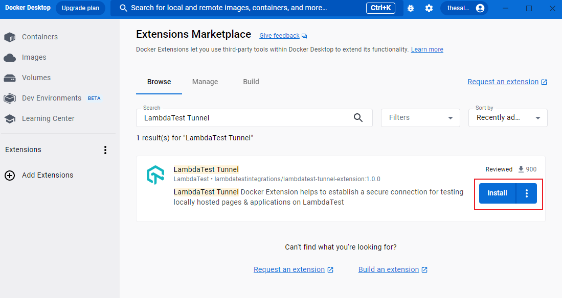 Screen shot of extensions marketplace, showing blue install button for lambdatest tunnel.