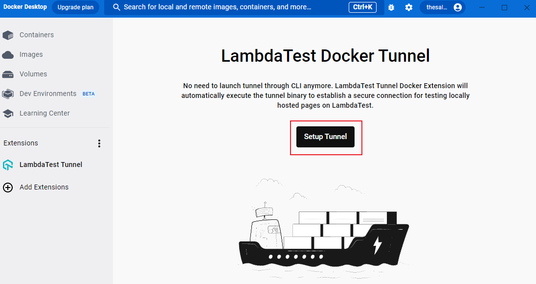 Screenshot of lambdatest tunnel setup page.