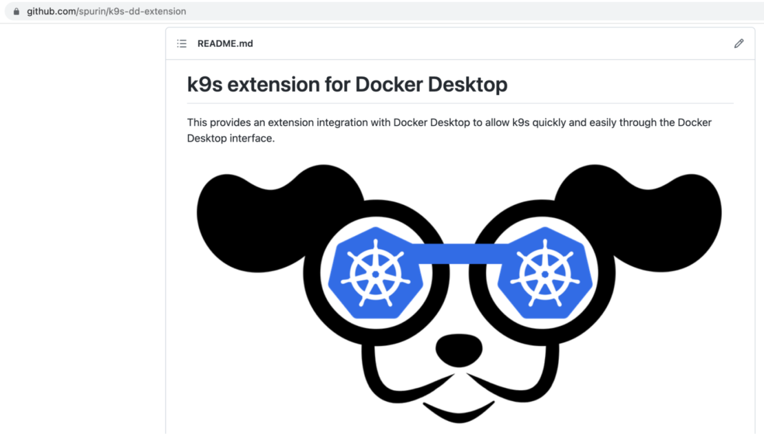 The readme. Md file, found on github, explains the details of the k9s extension for docker desktop.