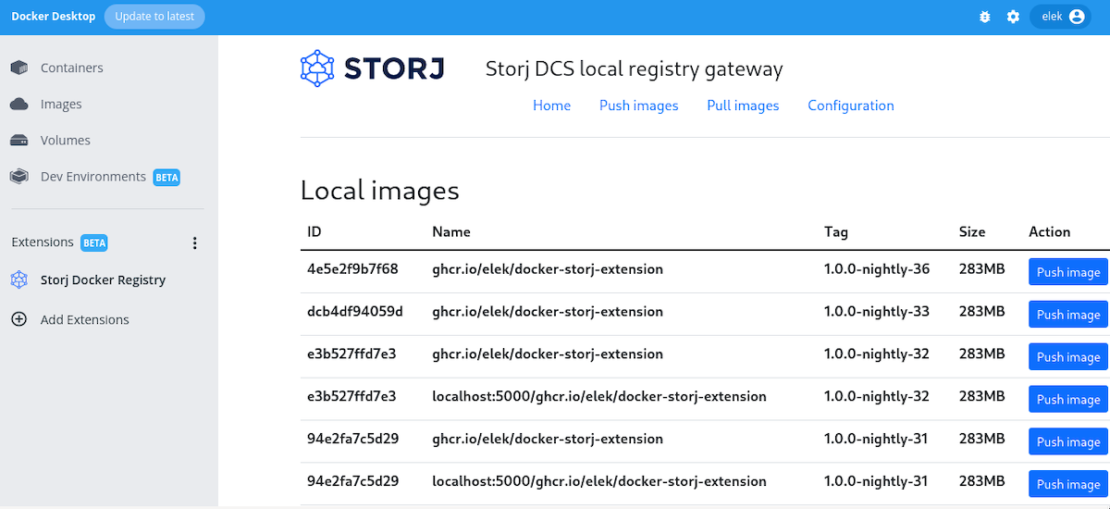 Storj docker registry extension